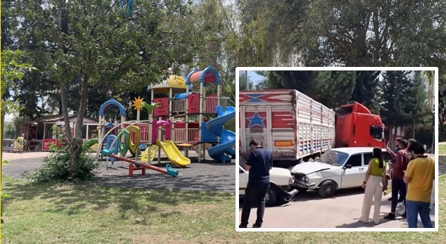 Freni tutmayan tır çocuk parkı önünde çarparak durabildi