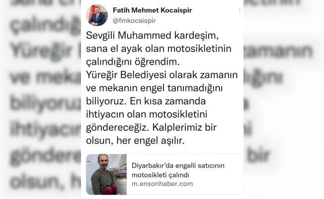 Motosikleti çalınan engelliye Adana’dan müjde